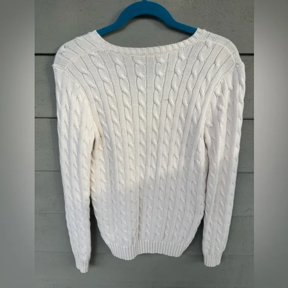 Ralph Lauren Cream Cable Knit V-Neck Sweater Medium - Picture 4 of 6